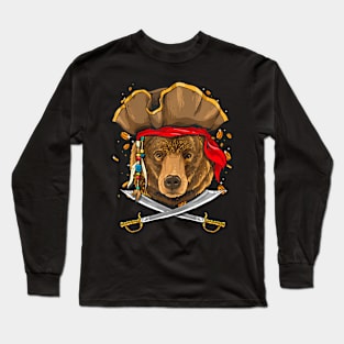 Pirate Grizzly Bear Jolly Roger Flag Nautical Bear Lover Long Sleeve T-Shirt